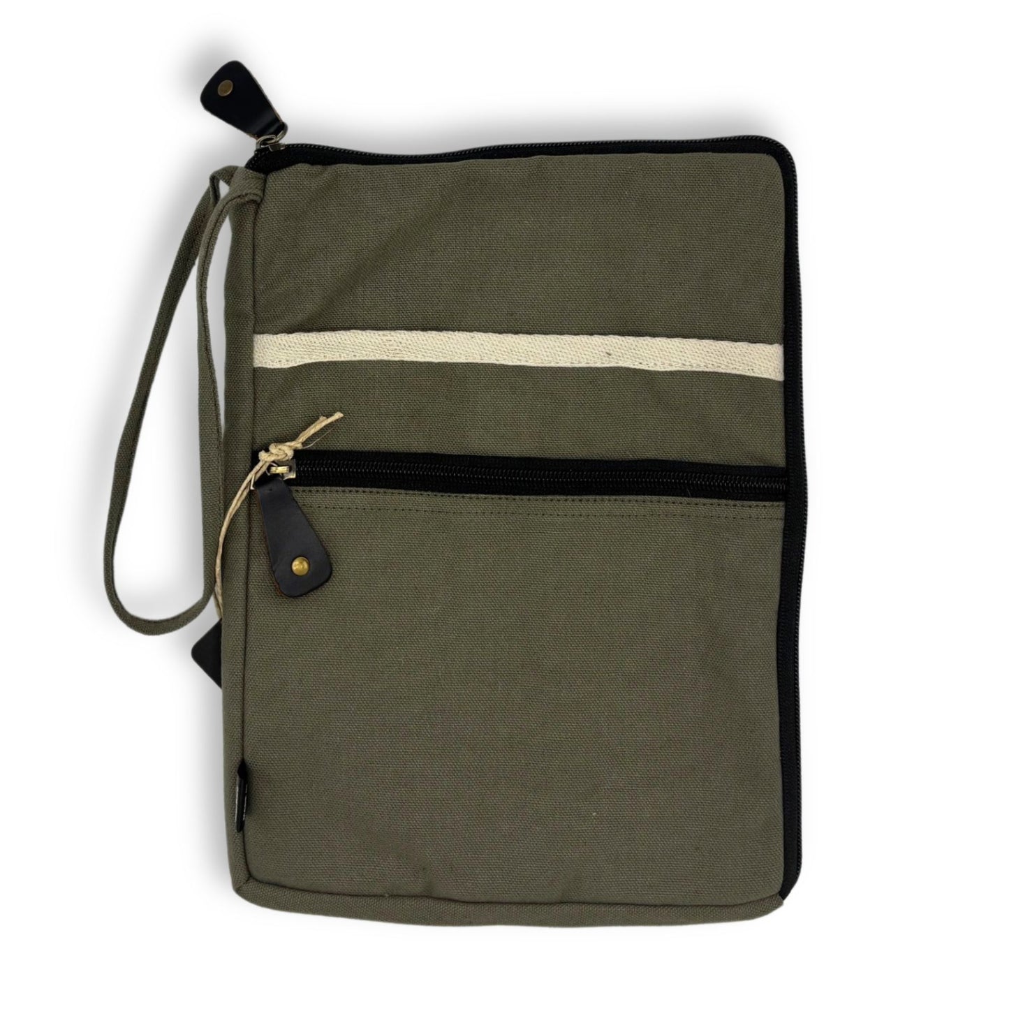 Laptop-Tasche Canvas Travel in Oliv – Handgefertigt aus Jute und Baumwolle für Geräte bis 24x33 cm