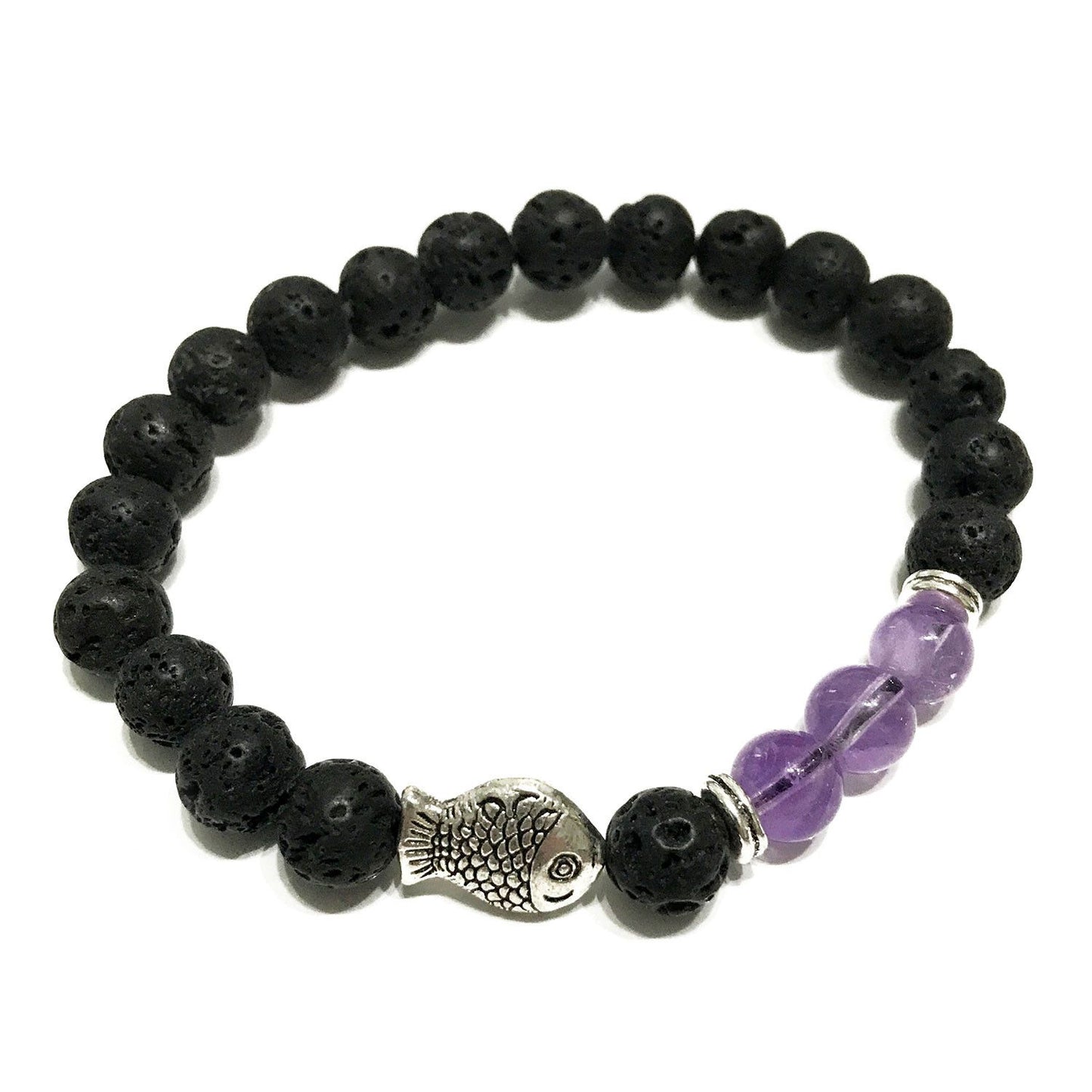 Lavastein-Armband mit Amethyst-Fisch und Perlen | Natürlicher Duftbegleiter