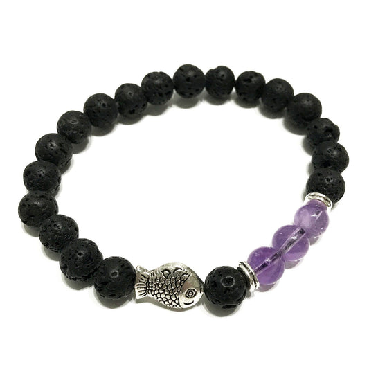 Lavastein-Armband mit Amethyst-Fisch und Perlen | Natürlicher Duftbegleiter