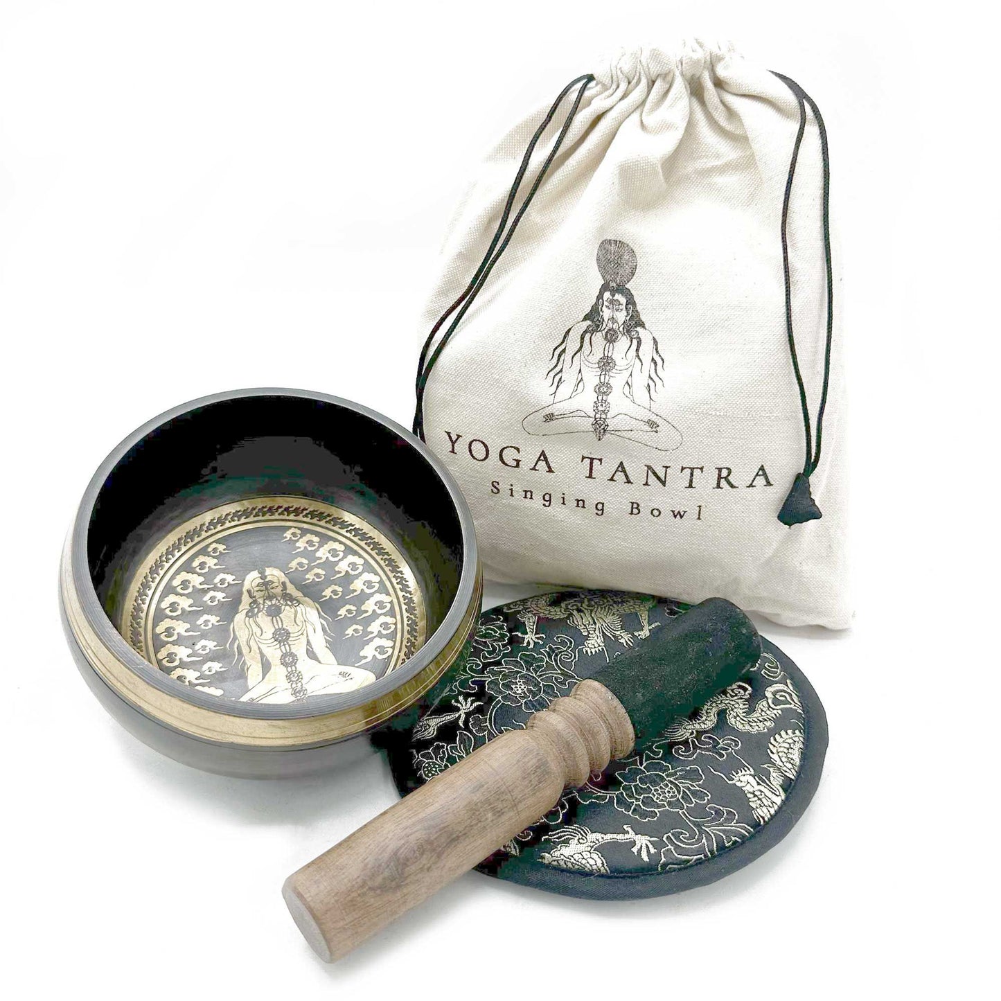 Klangschalen-Set 'Yogamotive' – 14 cm Messing, handgraviert, mit Zubehör