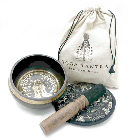 Klangschalen-Set 'Yogamotive' – 14 cm Messing, handgraviert, mit Zubehör