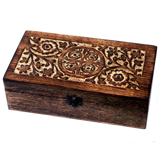 Mangoholz-Aromatherapiebox mit floraler Handgravur – für 25 Fläschchen