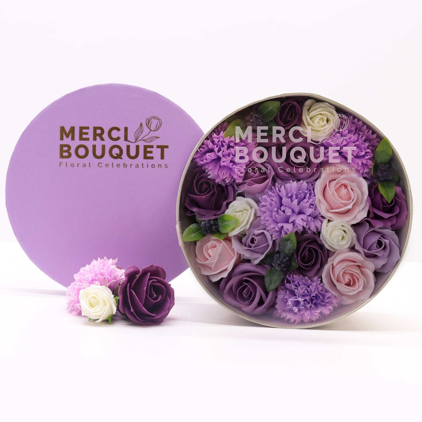 Seifenblumen-Komposition 'Lavendel-Rose' – Handgefertigte Blüten in Geschenkbox