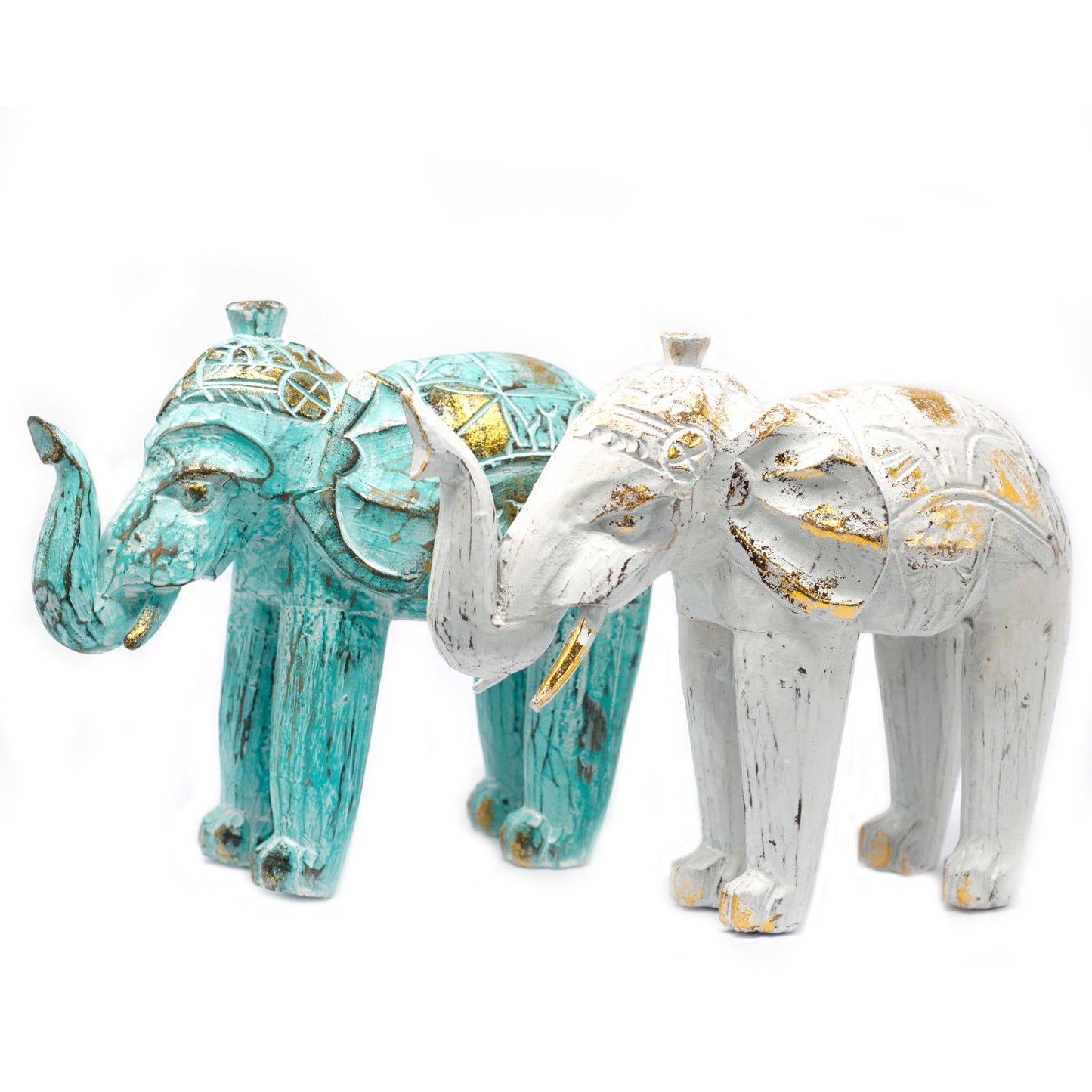Handgeschnitzter Elefant in Türkis & Gold - Holzfigur aus Bali