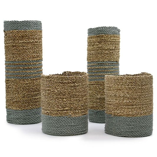 Set aus handgewebtem Seegras & grauem Raffia – 2 Vasen & 2 Körbe