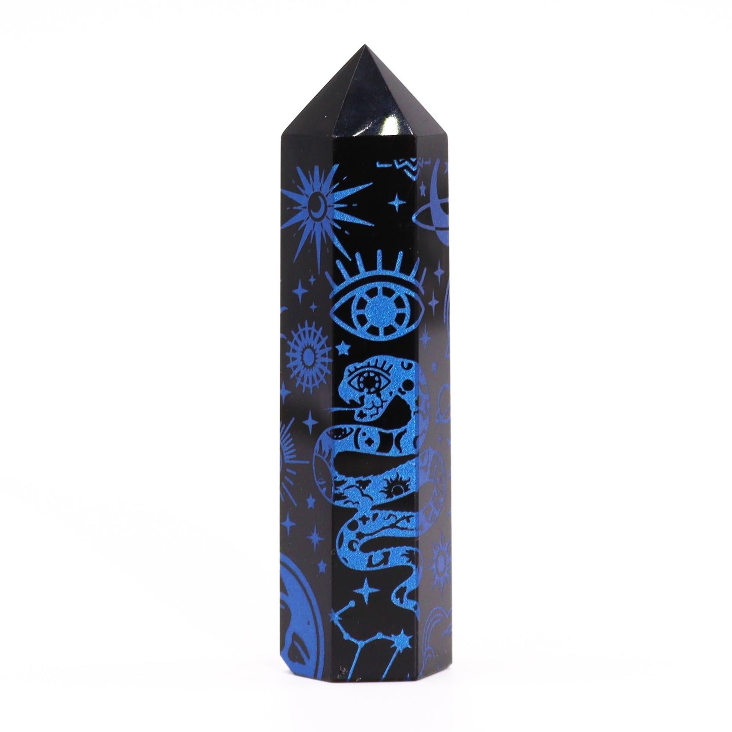 Obsidian-Obelisk 'Midnight Blue' – Handgravierte Energiespitze aus schwarzem Obsidian