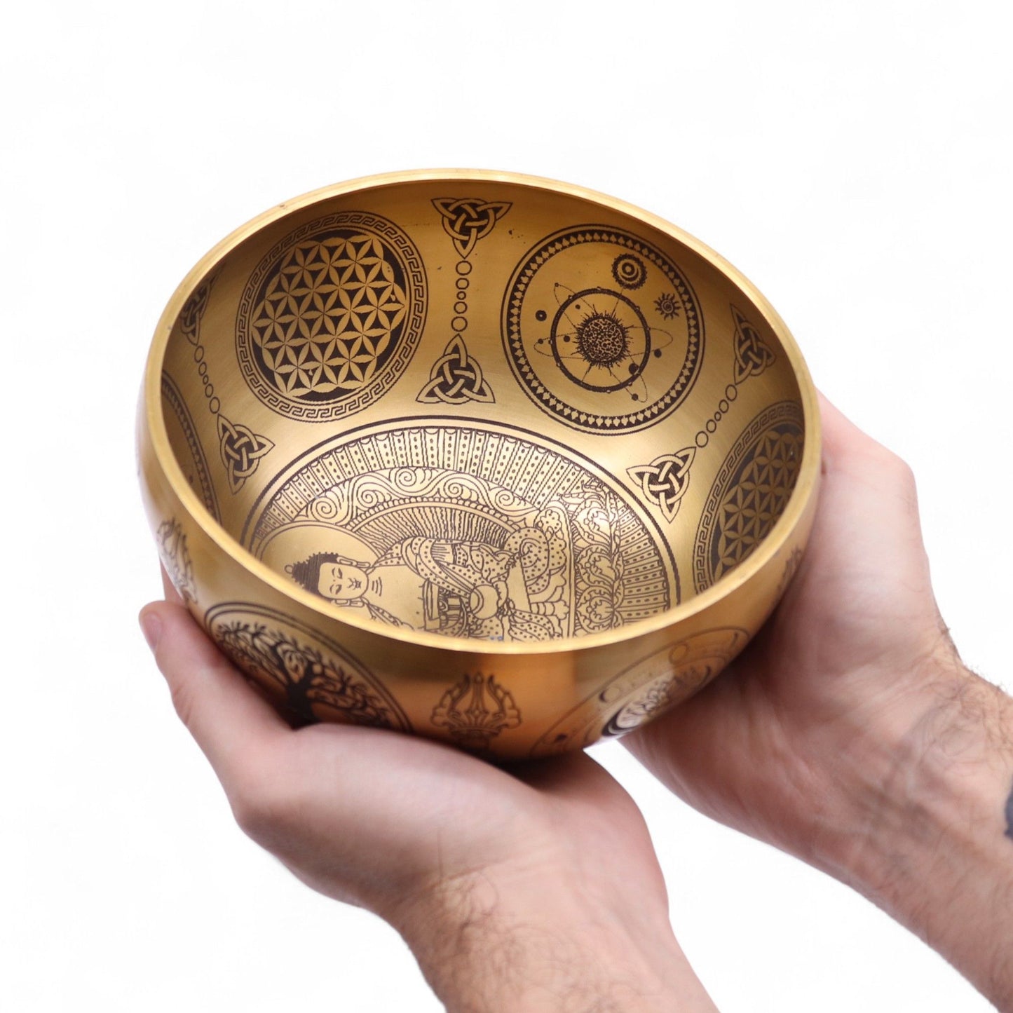 Set mit vier handgravierten Buddha-Klangschalen aus Messing