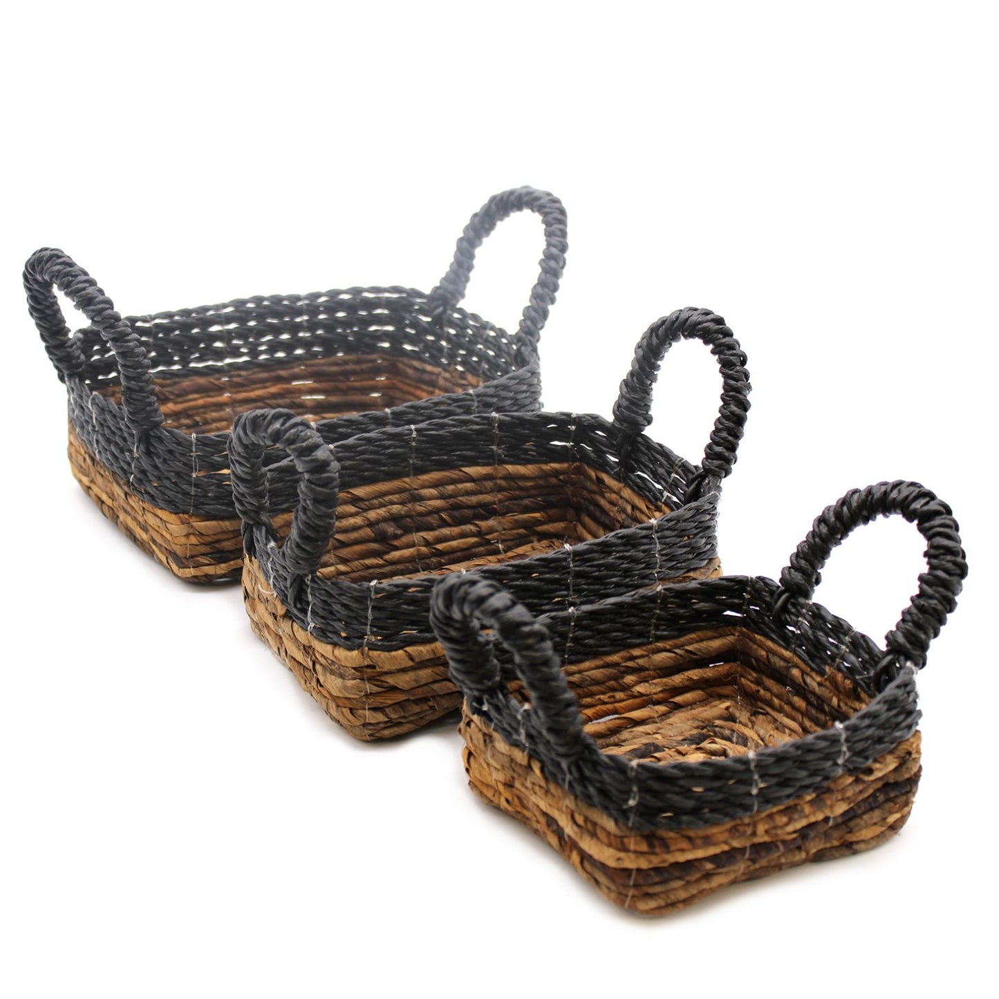 Set mit 3 quadratischen Körben aus Bananenblatt und Raffia – handgeflochten