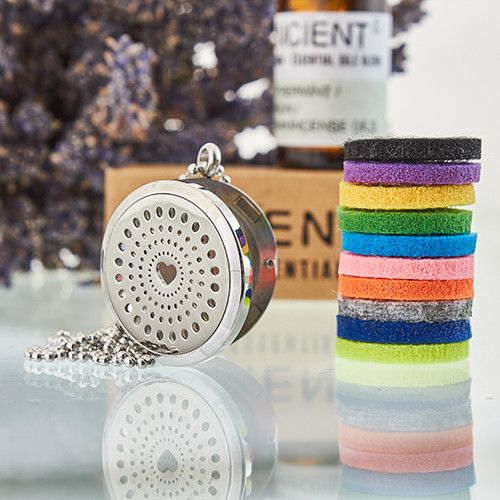 Aromatherapie-Halskette 'Diamant-Herz' – 30mm Anhänger mit 10 Filzpads aus Edelstahl