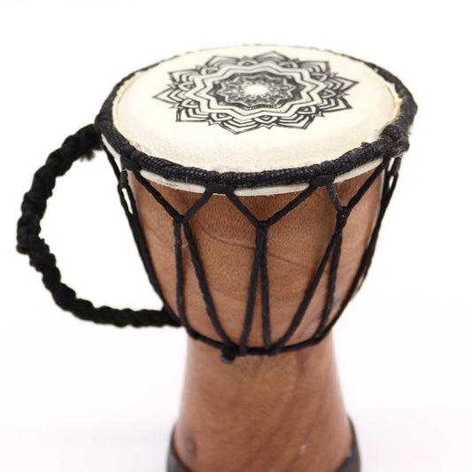Handgefertigte Mandala-Djembe Trommel, 15 cm - Miniatur aus Suar-Holz
