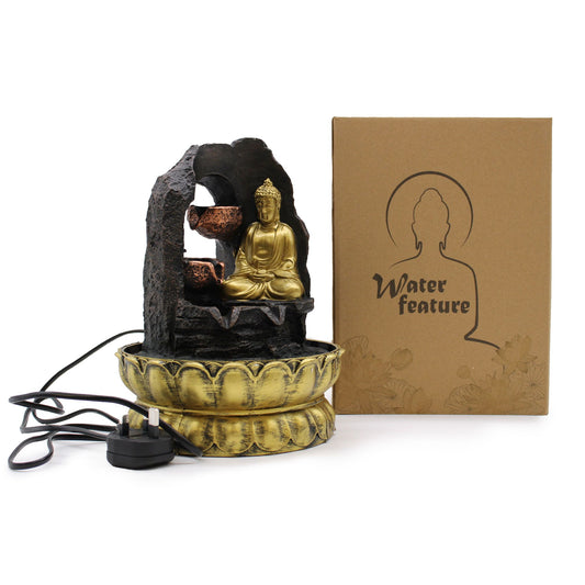 Goldener Buddha Tischbrunnen – Feng Shui Wasserspiel mit LED-Beleuchtung, 30 cm