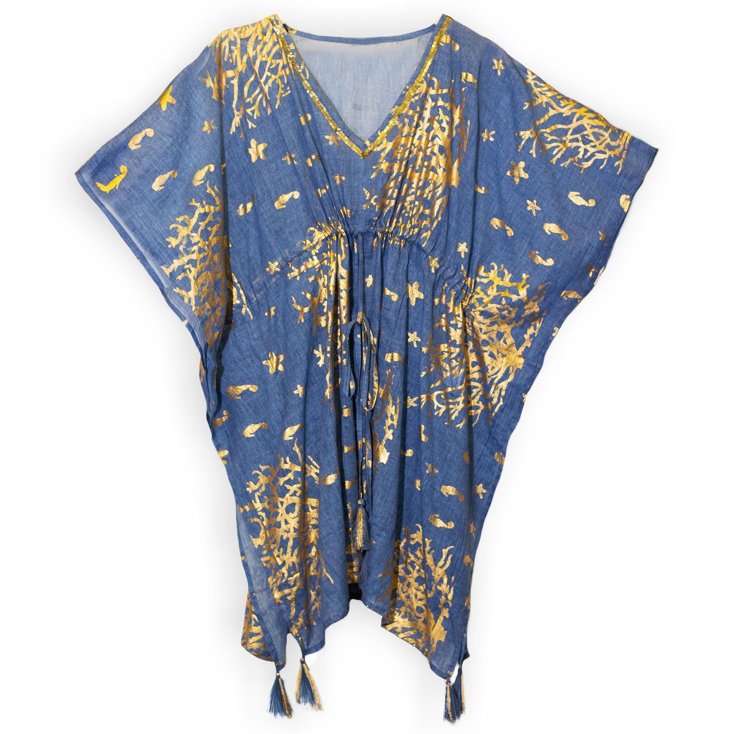 Kaftan Meeresblau mit Goldkorallen – Handbemaltes Unikat aus recycelter Baumwolle