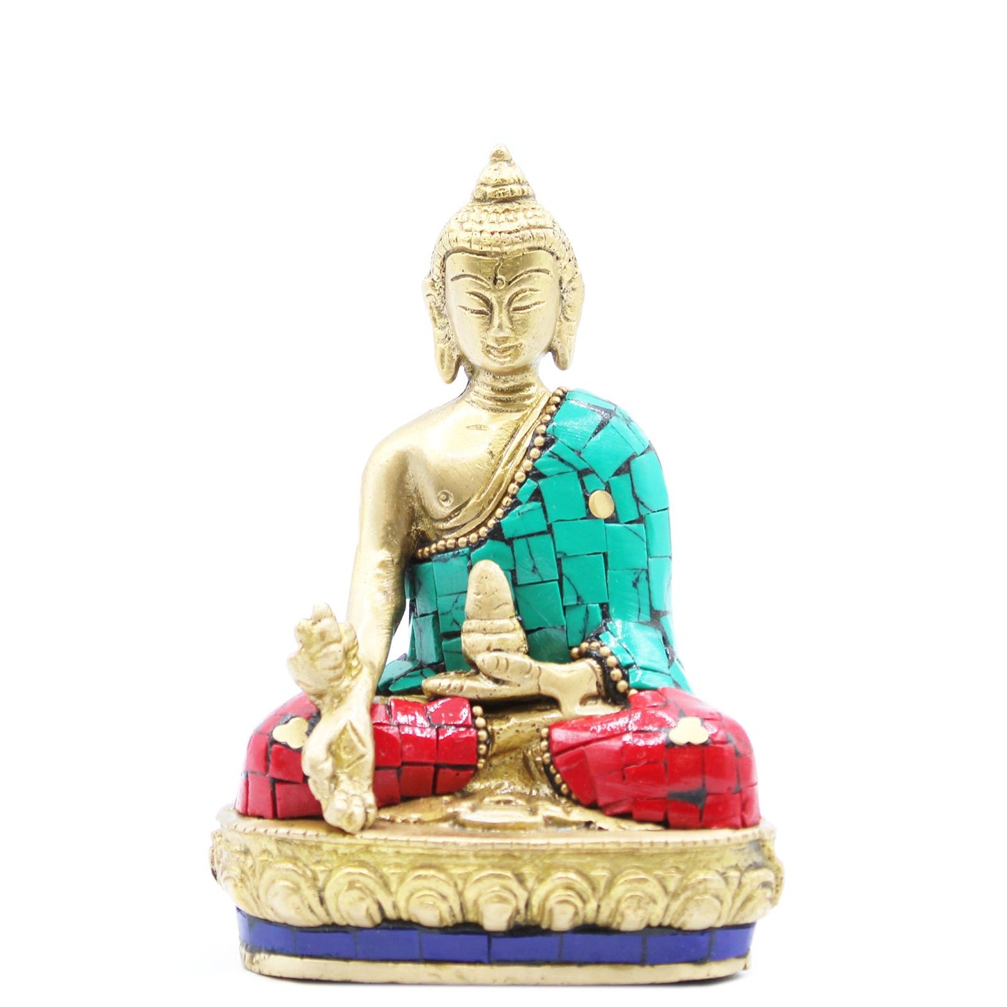 Buddha-Statue 'Hands Down' aus Messing - 11,5 cm mit Howlit-Einlagen