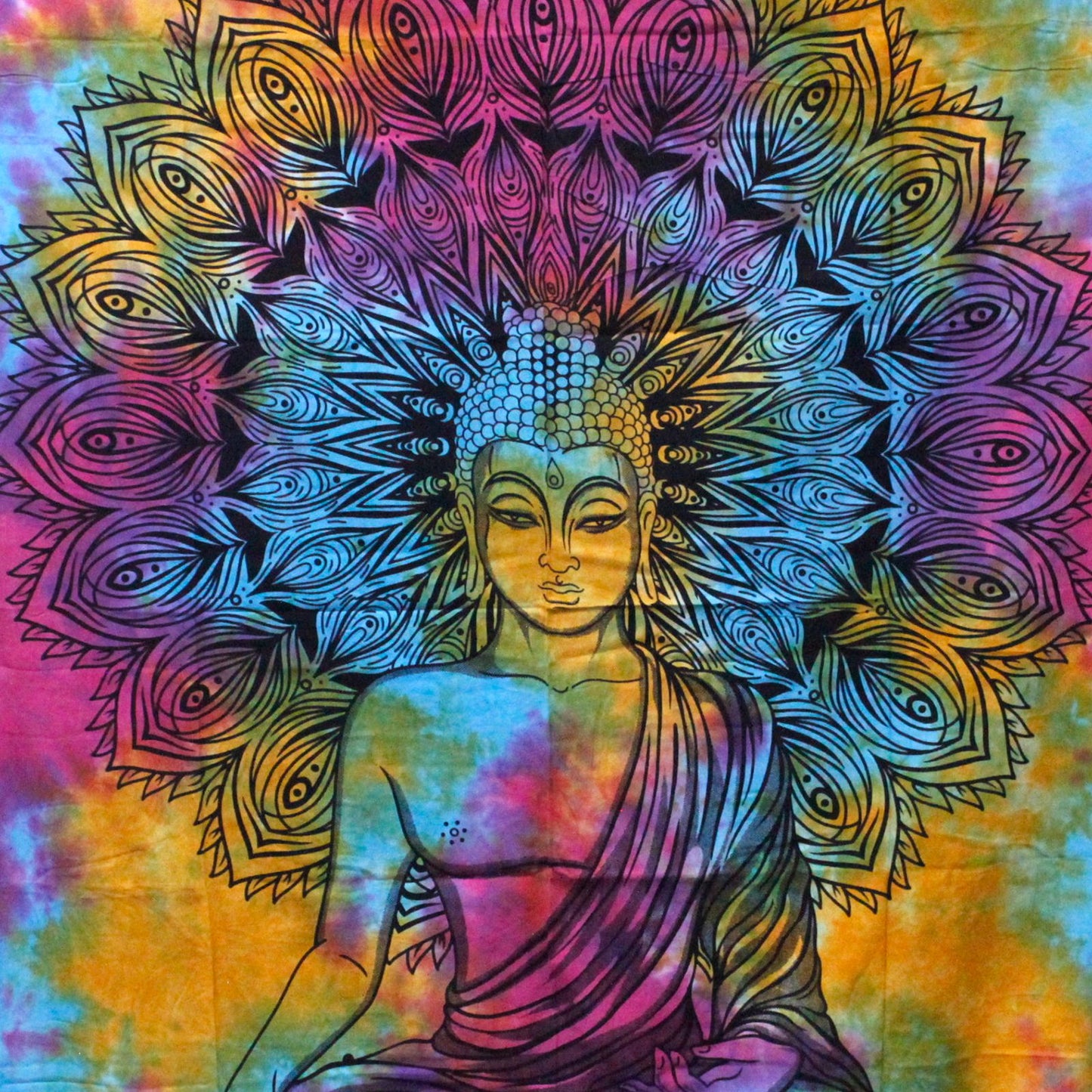 Doppellagige Baumwoll-Tagesdecke 'Friedlicher Buddha' – Wandbehang & Bettüberwurf