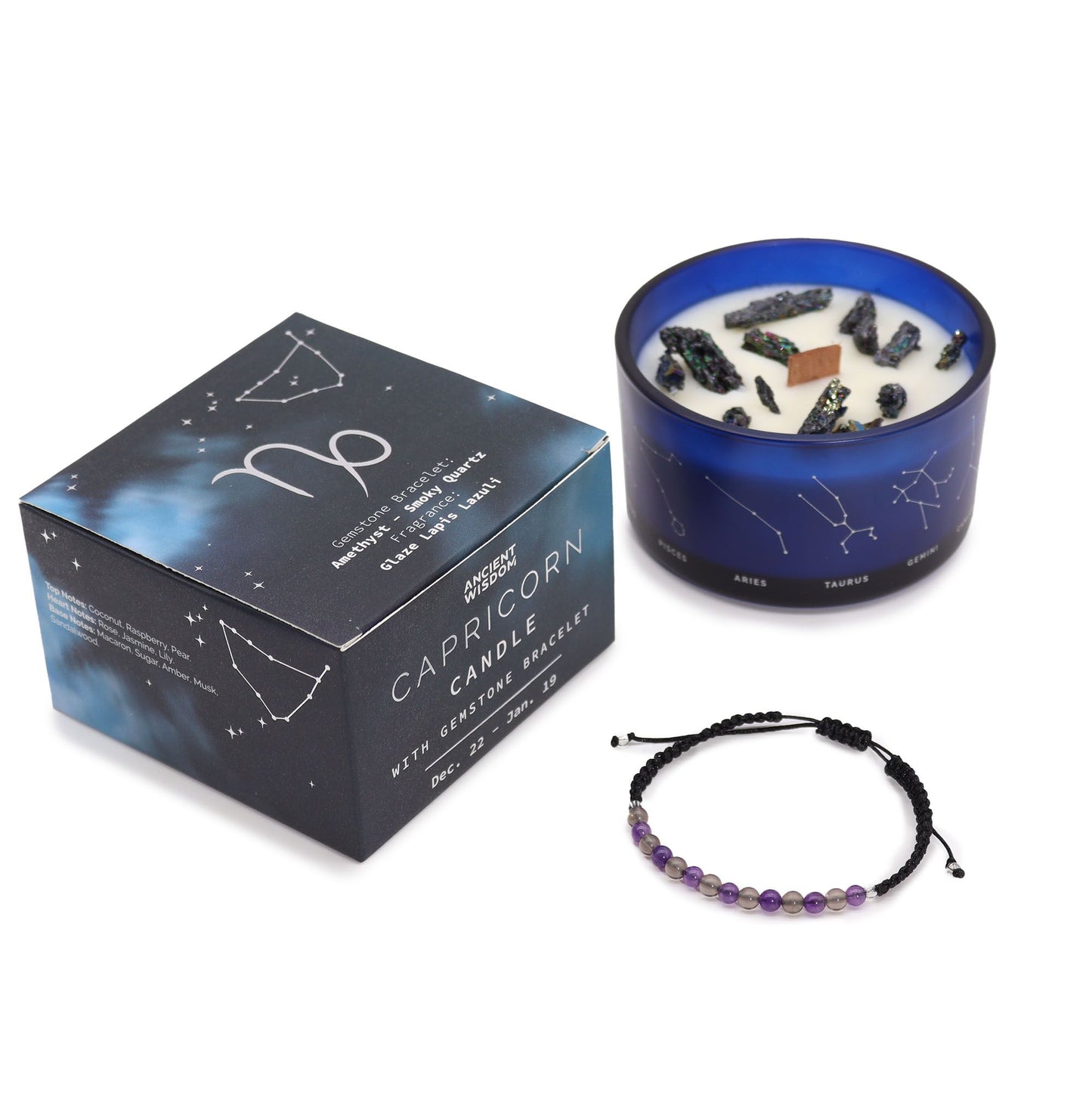 Kristallkerze Steinbock mit Amethyst & Rauchquarz Armband