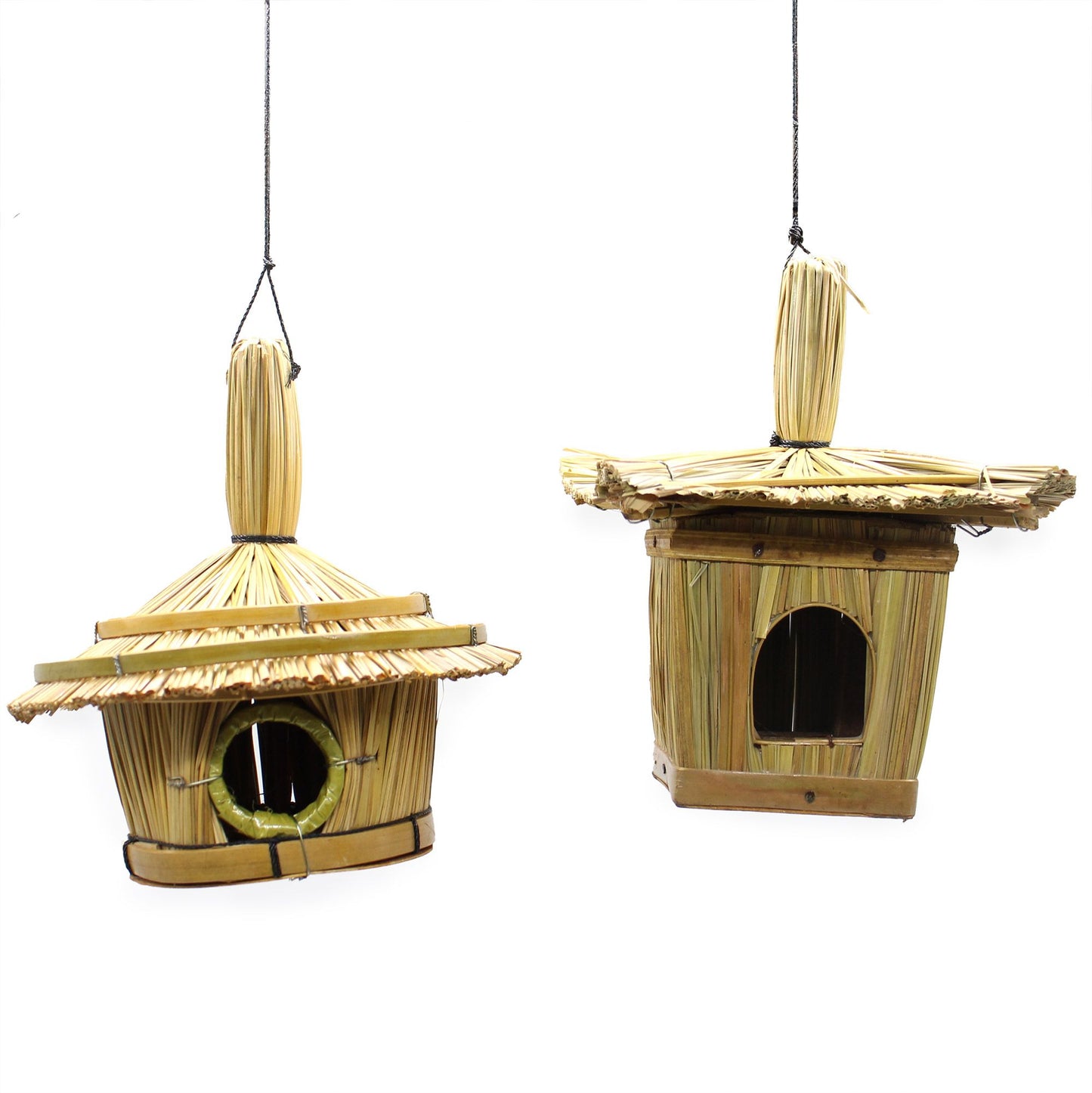 Rundes Vogelhaus aus Seegras mit Bambus-Windspiel | 17x17 cm | Naturdeko für Garten & Balkon