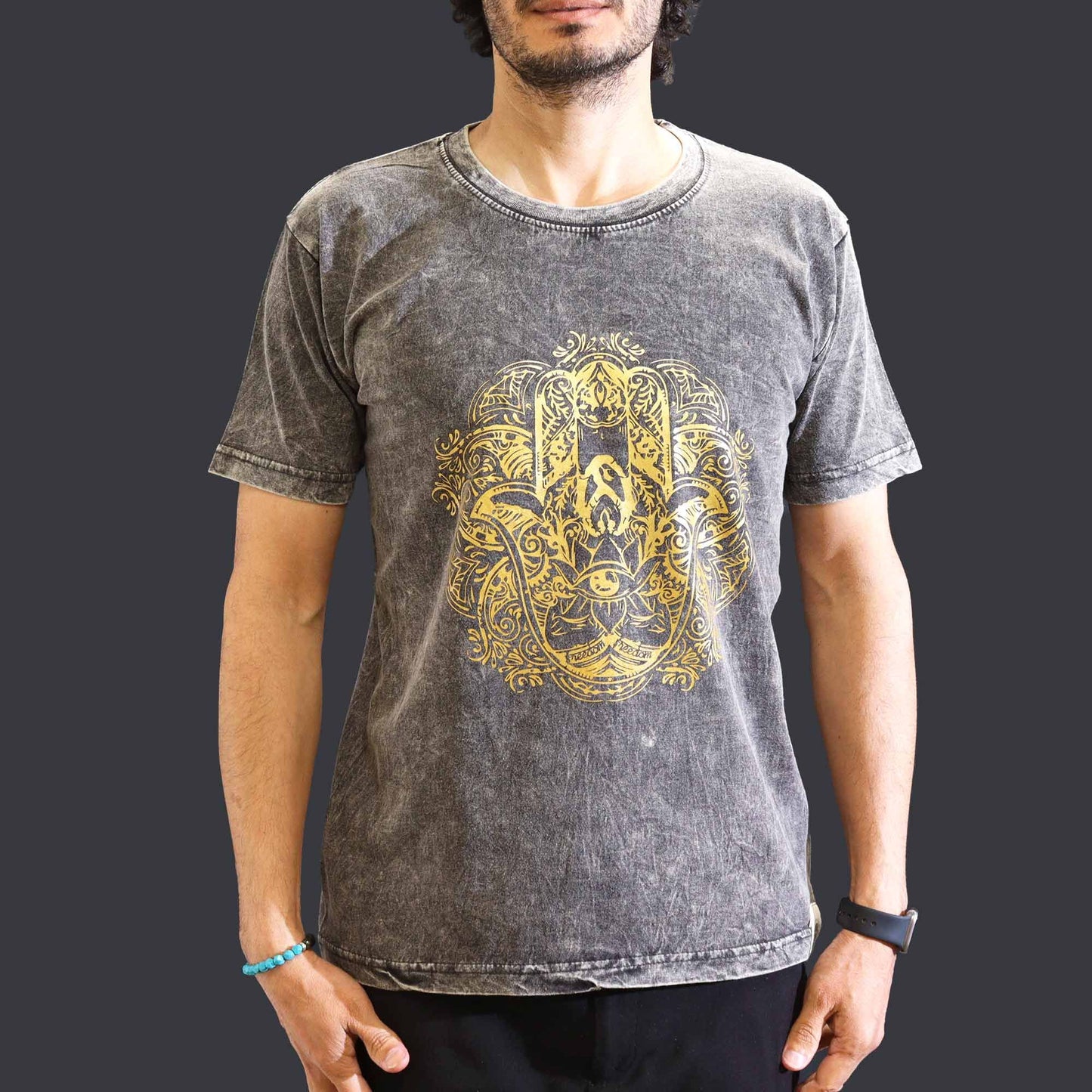 Hamsa T-Shirt in Dunkelgrau - Steinwäsche Vintage-Look