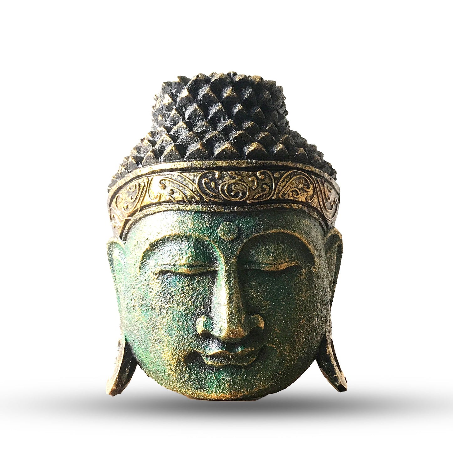 Buddha-Kopf in Grünschimmer - Handgeschnitzte Skulptur aus Albasia-Holz, 25 cm