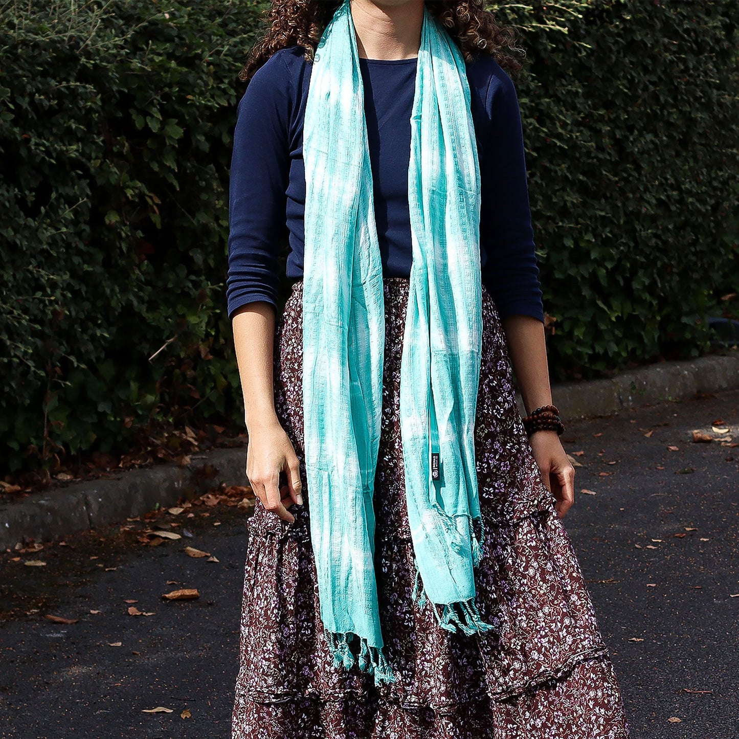 Boho Schal mit Teal Streifen & Motiven – Leinen-Rayon, 62x200 cm