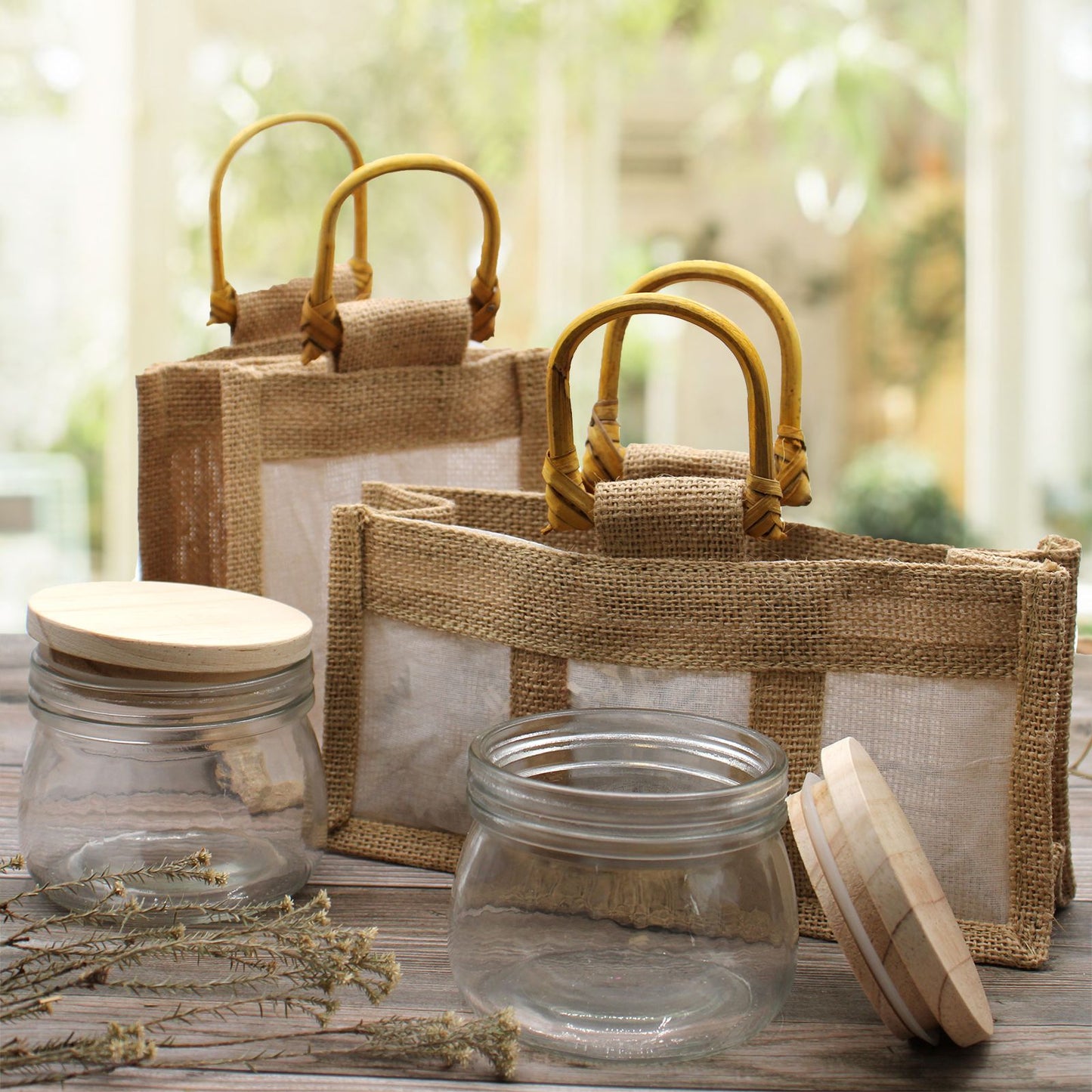 Set mit 3 Jute-Geschenkbeuteln mit Sichtfenstern