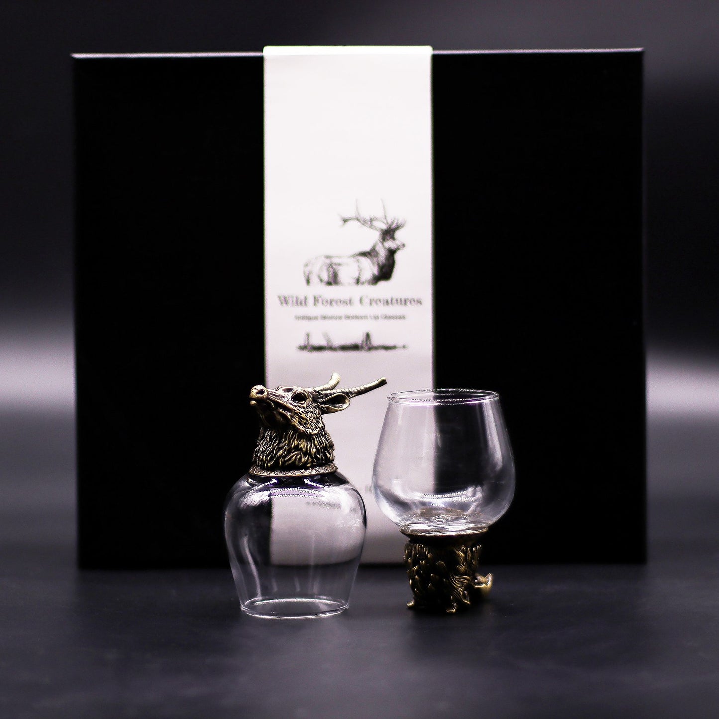 Set mit 6 mystischen Tierglasbechern - Dekoratives Trinkglas mit Antik-Bronze-Fuß