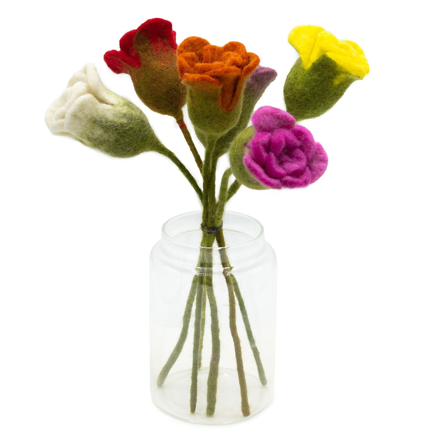 Set mit 6 handgefertigten Filzrosen - Bunte Deko-Blüten mit Drahtstiel