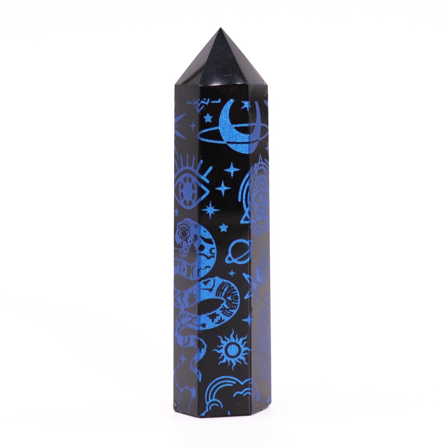 Obsidian-Obelisk 'Midnight Blue' – Handgravierte Energiespitze aus schwarzem Obsidian
