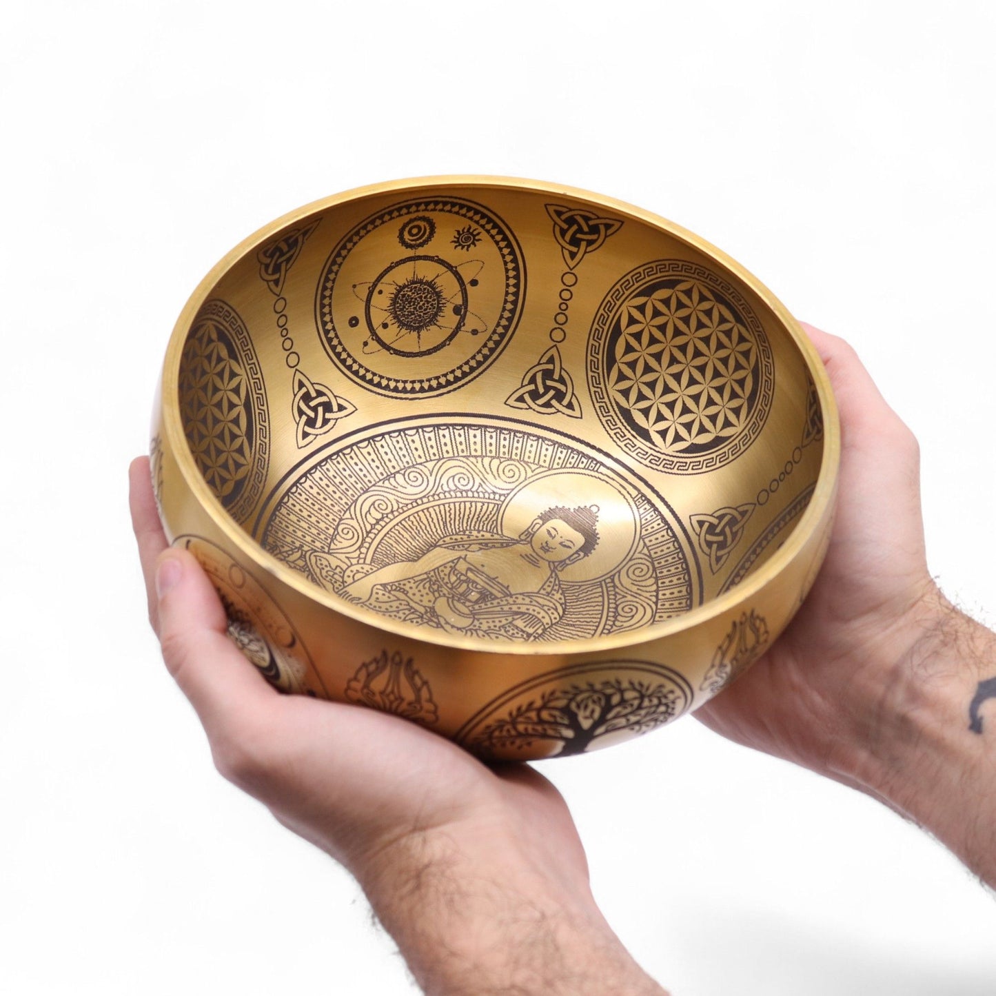 Set mit vier handgravierten Buddha-Klangschalen aus Messing