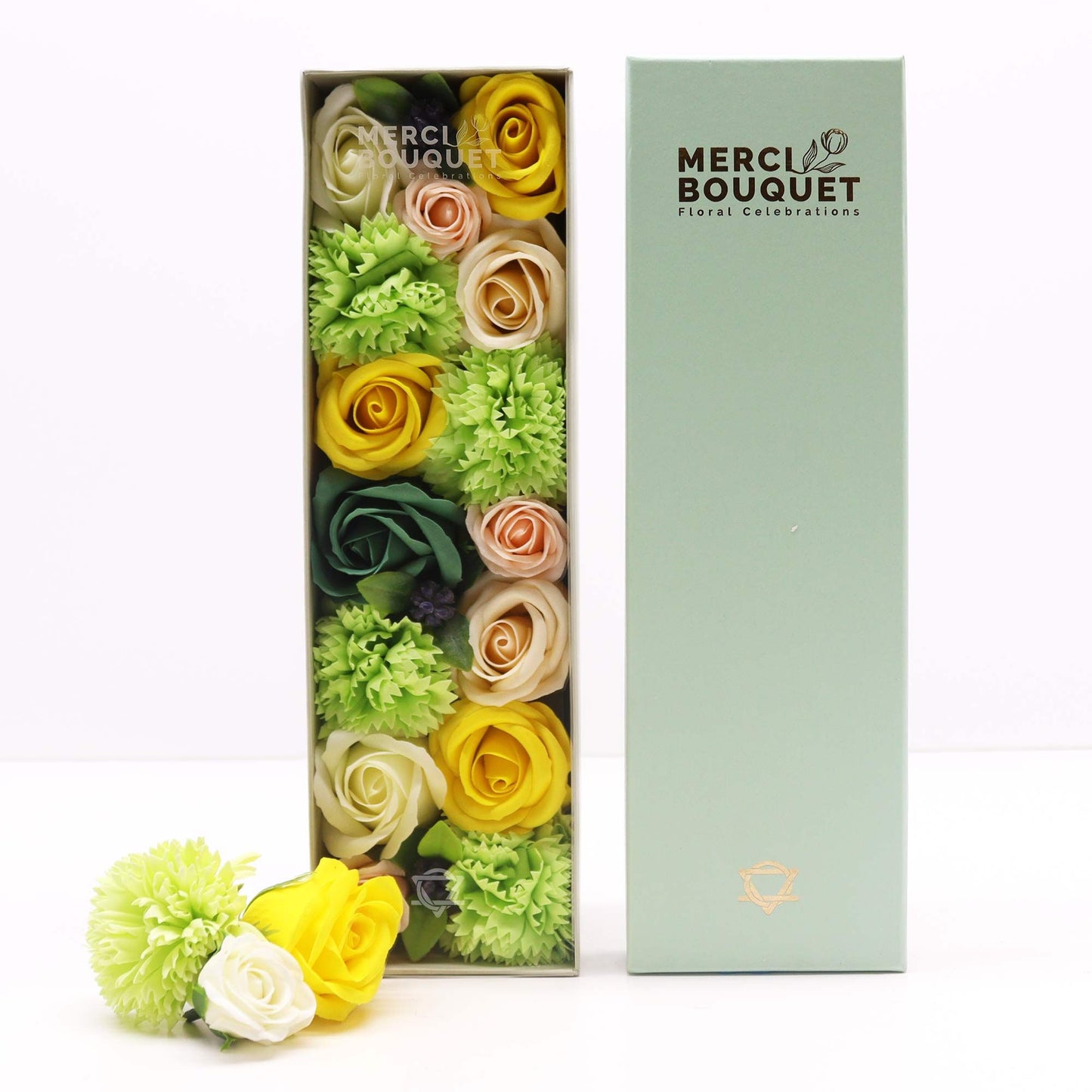 Premium Geschenkbox 'Frühlingsfrische' mit Seifenblumen in Gelb & Grün