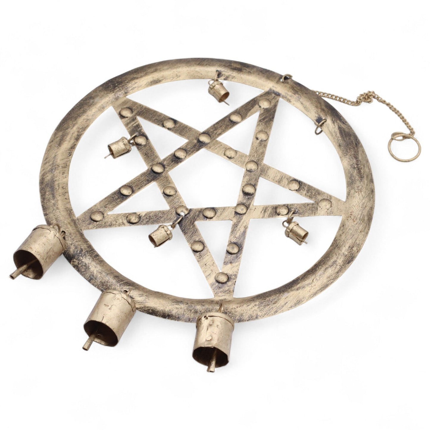 Windspiel 'Pentagon' mit Kuhglocken – Handgefertigte Klangkunst aus Eisen