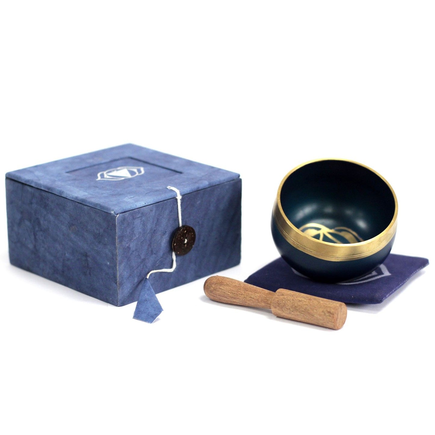 Indigo Klangschale für das Dritte Auge – Messing-Set mit Holzschlägel