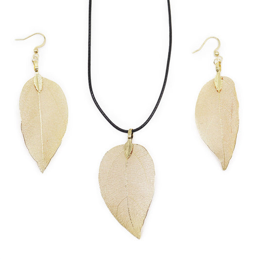 Goldenes Blattjuwel Set – Unikat-Schmuck aus echten Blättern (Halskette & Ohrringe)