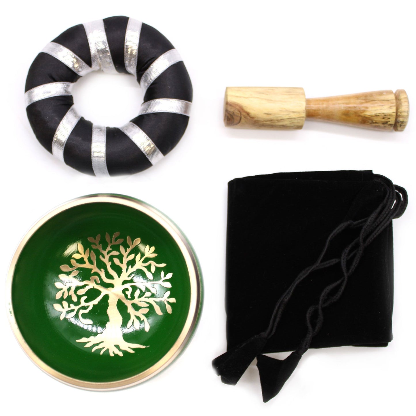 Klangschalen-Set 'Baum des Lebens' in Grün – 10,7 cm Messingschale mit Holzschlägel