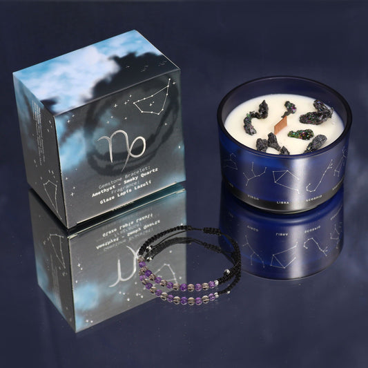 Kristallkerze Steinbock mit Amethyst & Rauchquarz Armband