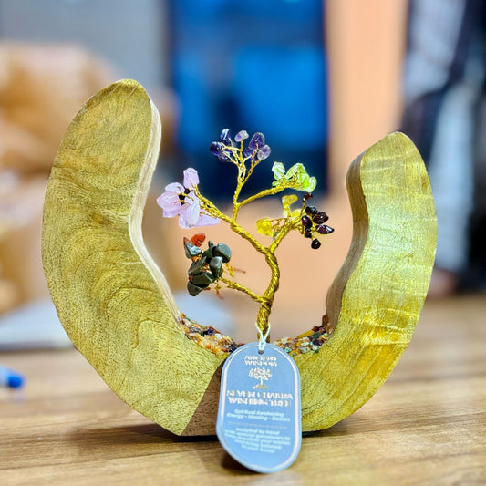 Handgefertigter Mangoholz-Ring mit 60 Edelsteinen – Sieben Chakra Baum des Lebens