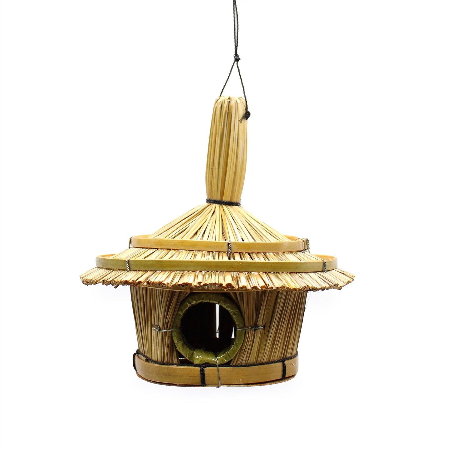 Rundes Vogelhaus aus Seegras mit Bambus-Windspiel | 17x17 cm | Naturdeko für Garten & Balkon