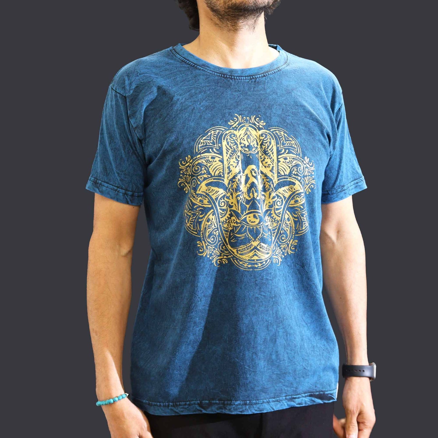 Hamsa Schutzhand T-Shirt in Steinwäsche - Blau
