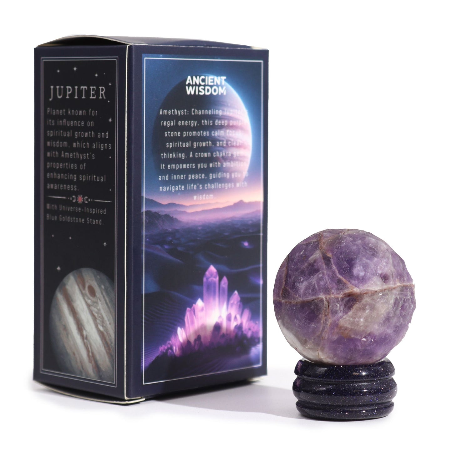 Amethyst-Kugel 'Jupiter' auf Goldfluss-Sockel – 40mm Edelstein-Planet
