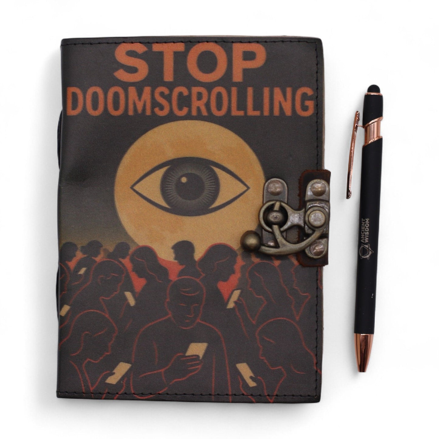 Leder-Notizbuch 'Stop Doom Scrolling' – Ihr Werkzeug für mehr Achtsamkeit