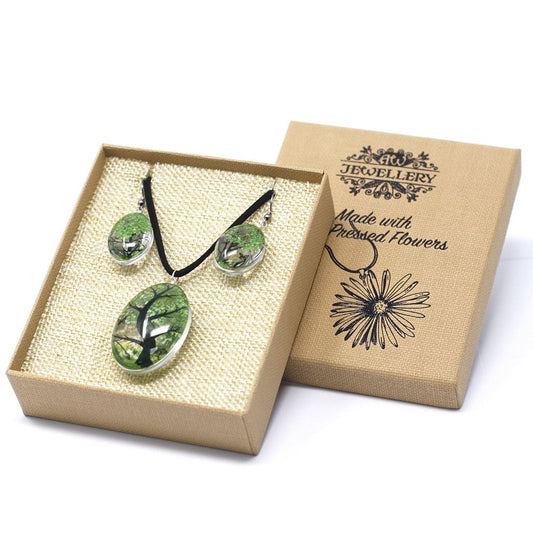 Schmuckset »Ewige Blüte« – Baum des Lebens mit echten Naturblumen in Grün