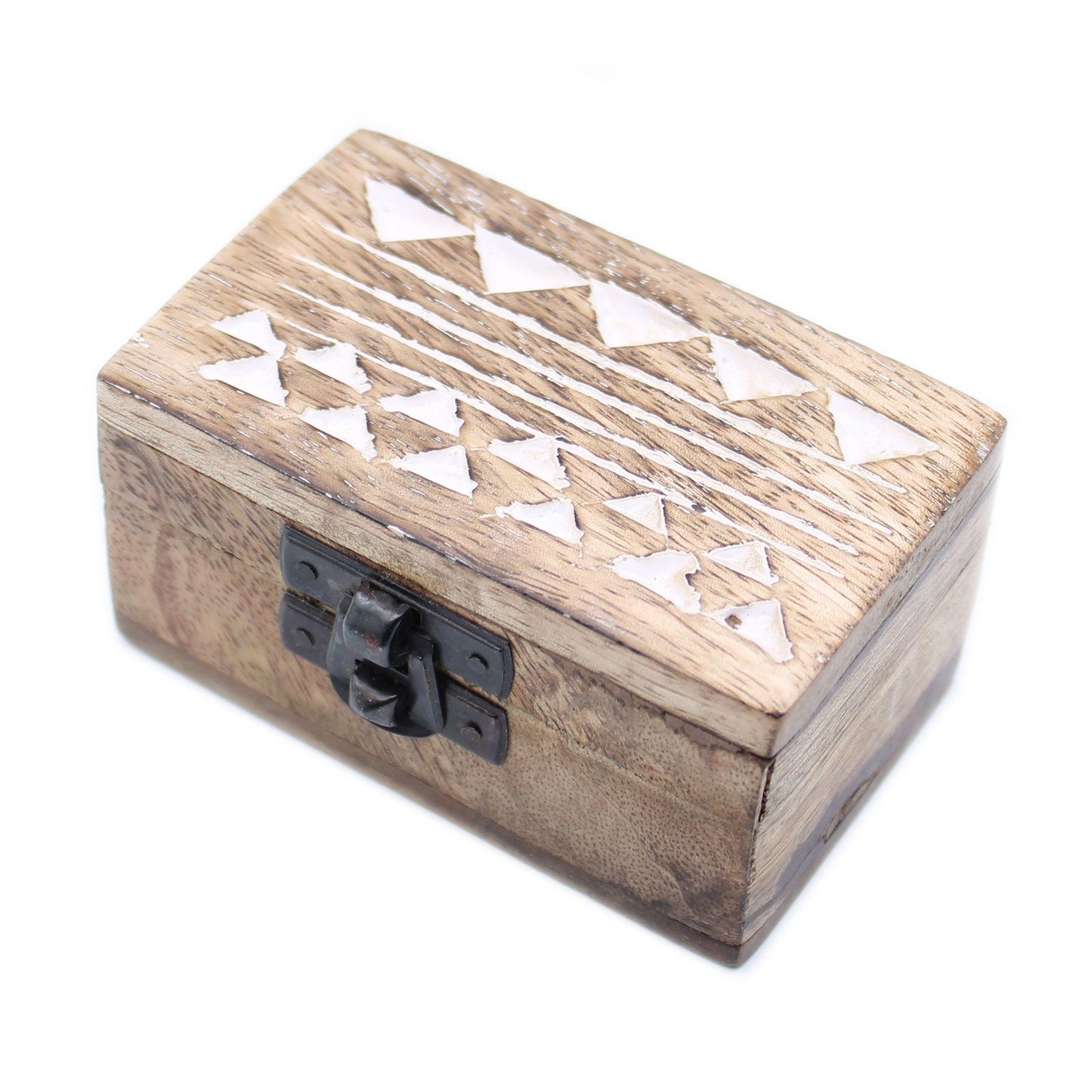 Handgeschnitzte Mangoholz-Box im Aztekendesign, weiß gewaschen - 3x1,5 Pillenbox