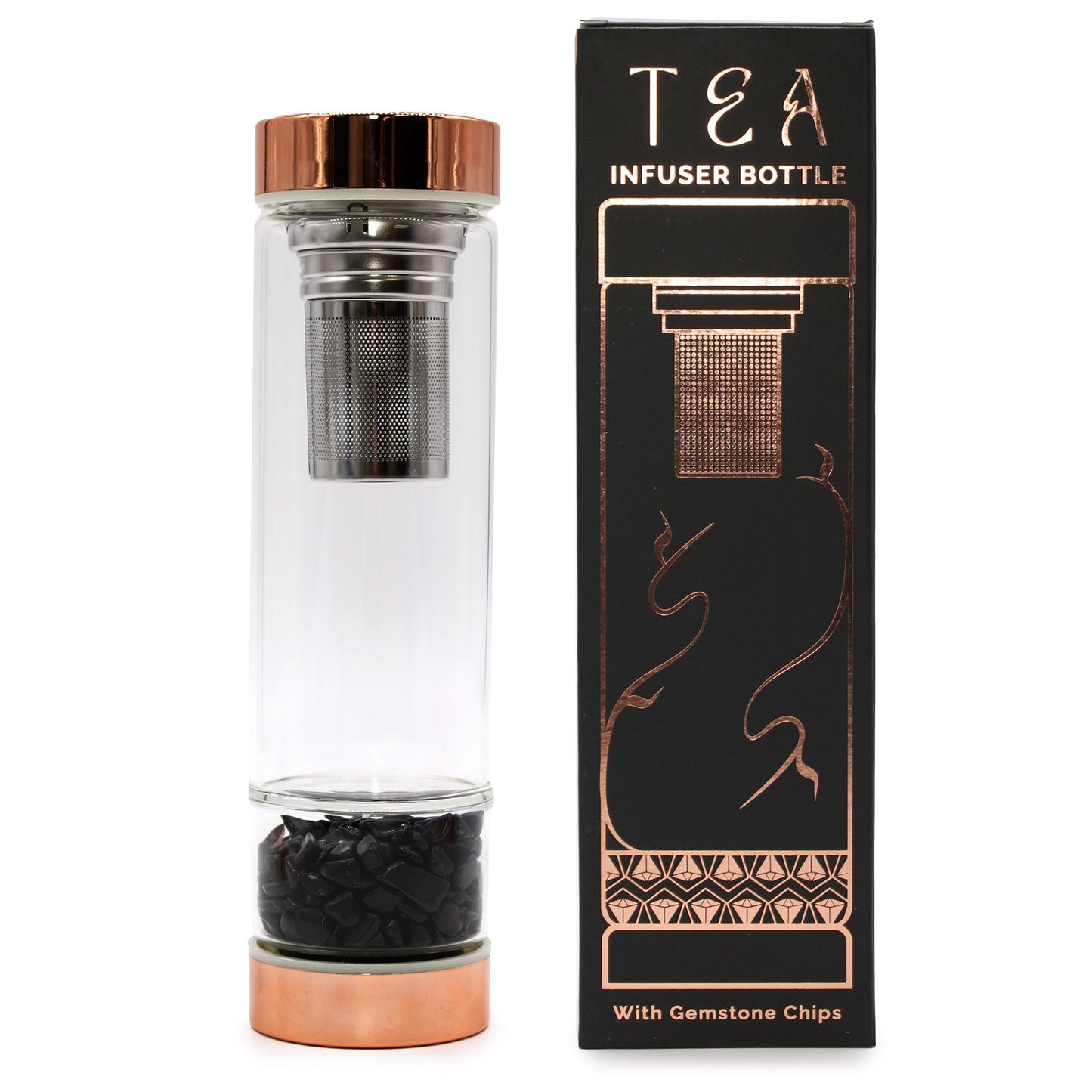 Kristallglas Tee-Infuser Flasche mit Roségold-Deckel und Onyx-Steinen