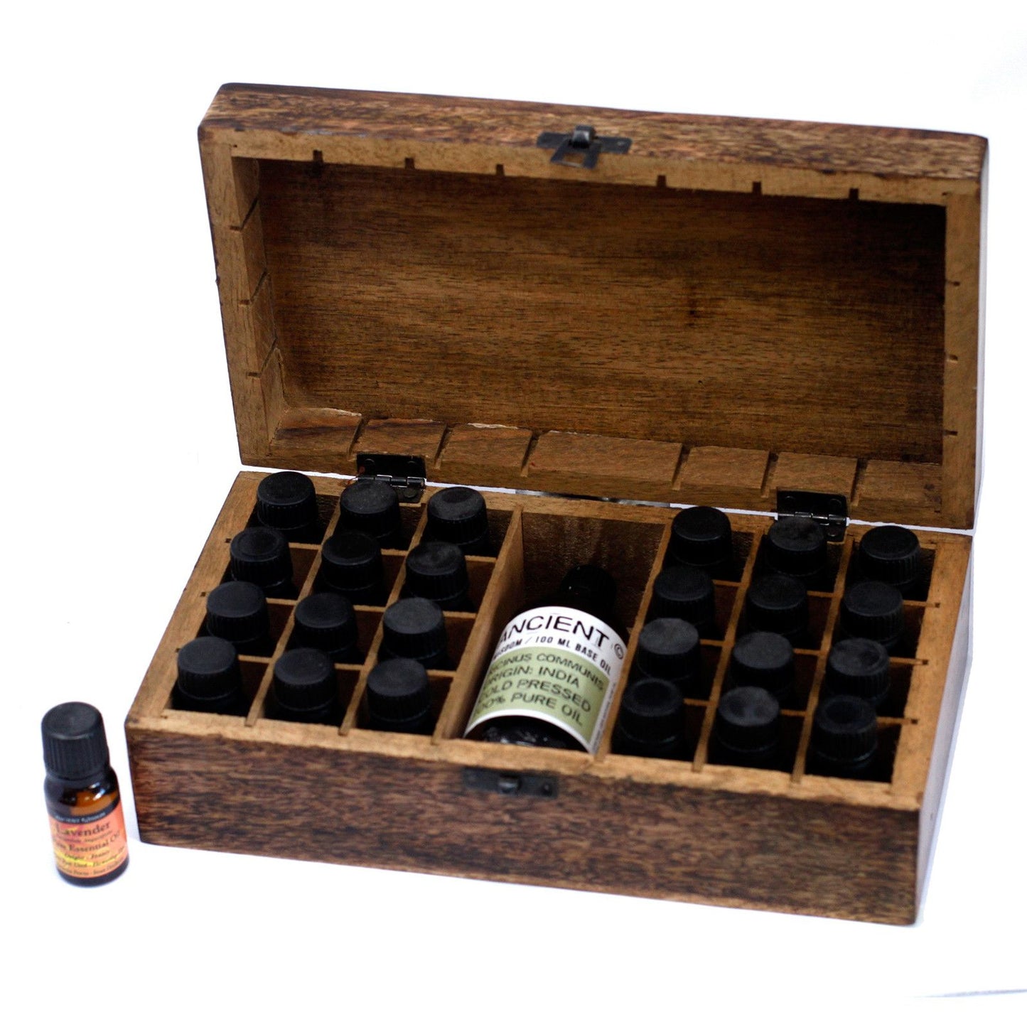 Mangoholz-Aromatherapiebox mit floraler Handgravur – für 25 Fläschchen