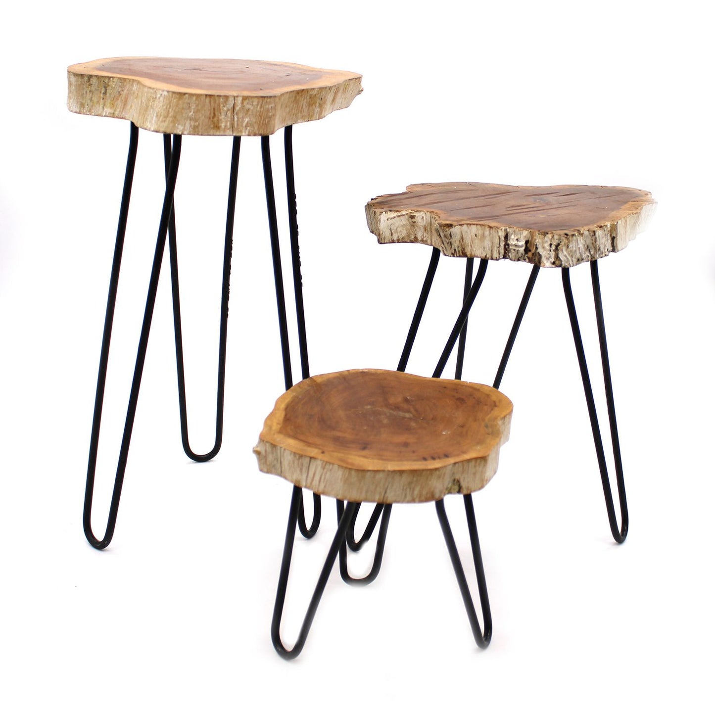 Set aus 3 Pflanzenständern aus Gamal-Holz mit Weißlasur und Haarnadelbeinen