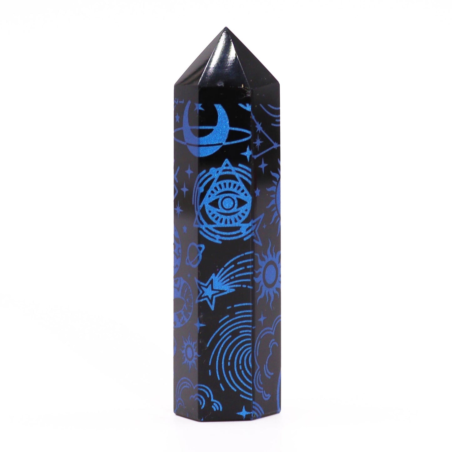 Obsidian-Obelisk 'Midnight Blue' – Handgravierte Energiespitze aus schwarzem Obsidian