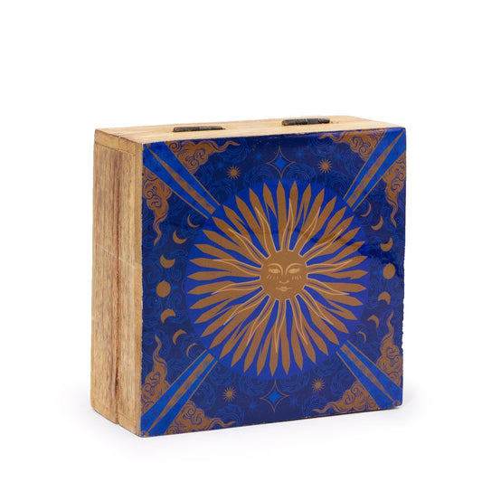 Mangoholz-Box mit Emaille-Dekor | 13,5 x 13,5 x 6 cm | Quadratische Schmuckbox