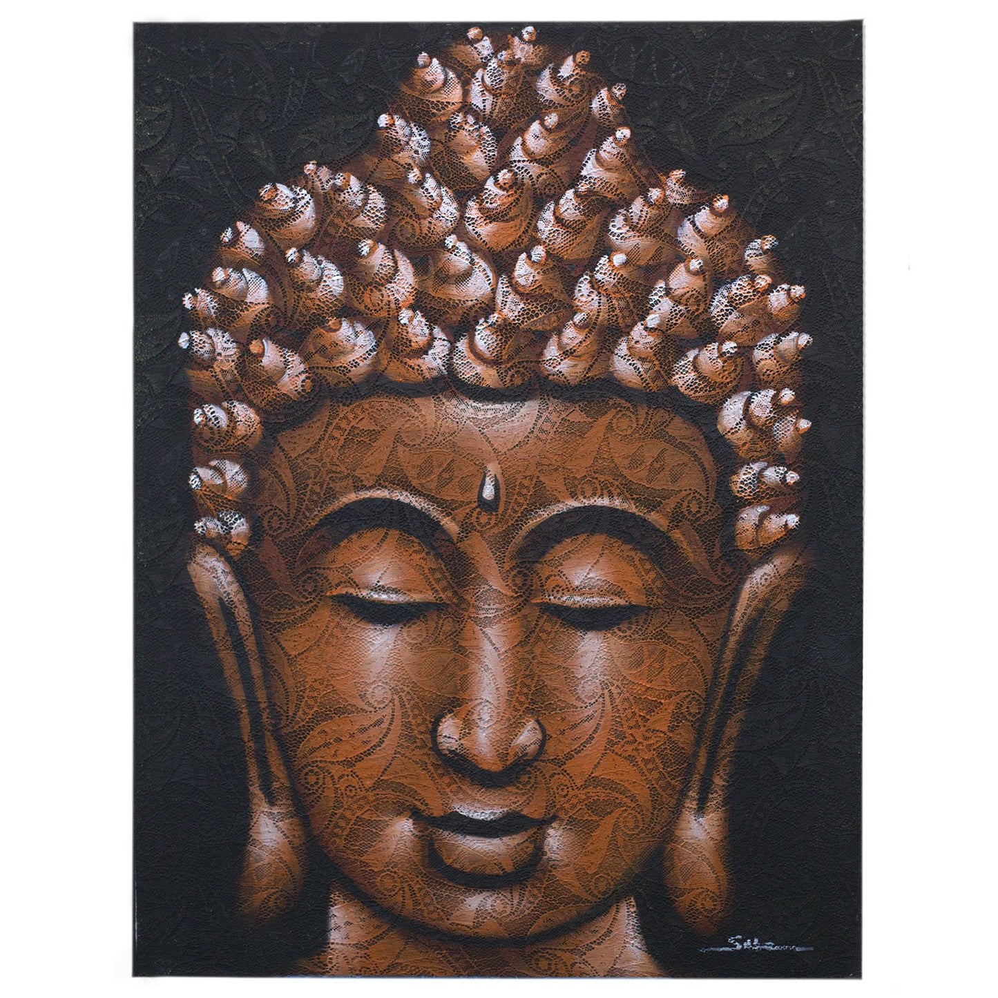Handgemaltes Buddha Mandala auf Leinwand 60x80 cm - Kupferbrokat & Durran-Holzrahmen