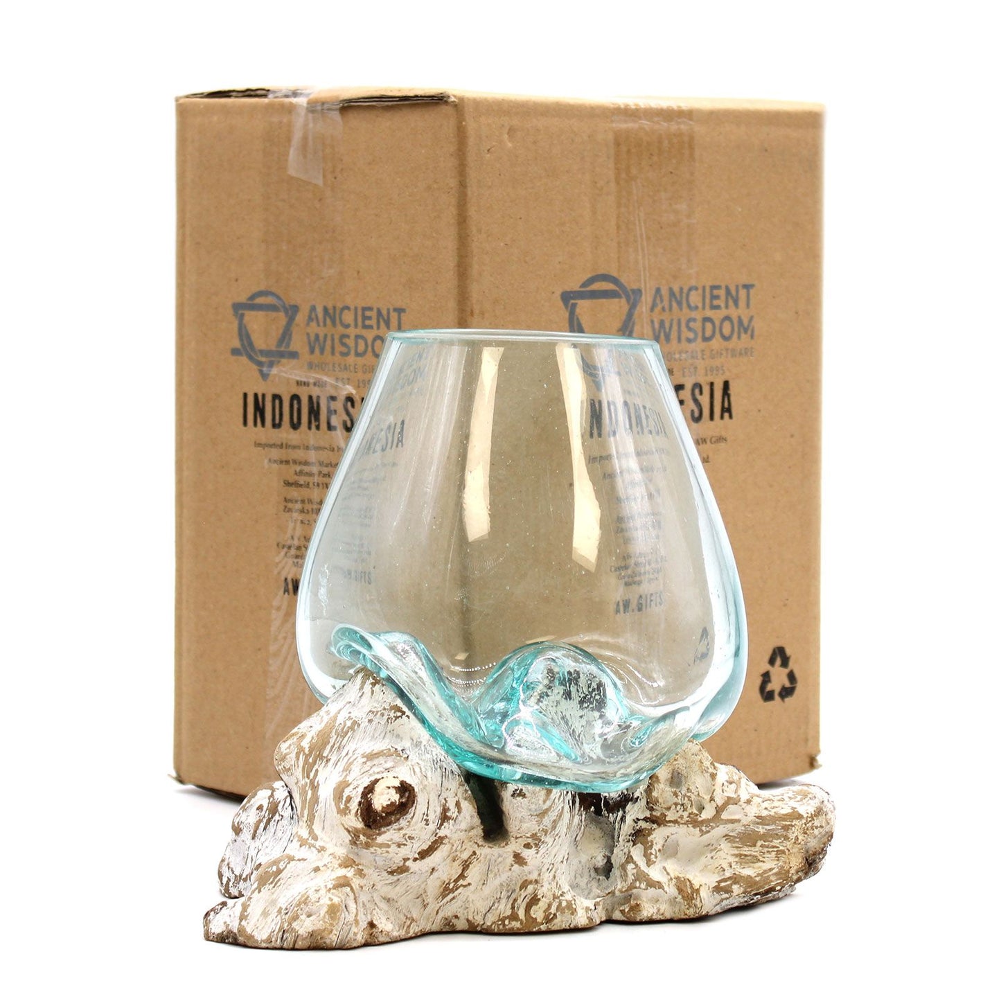 Große Schale aus recyceltem Glas auf Weißholz - Handgefertigtes Unikat aus Bali