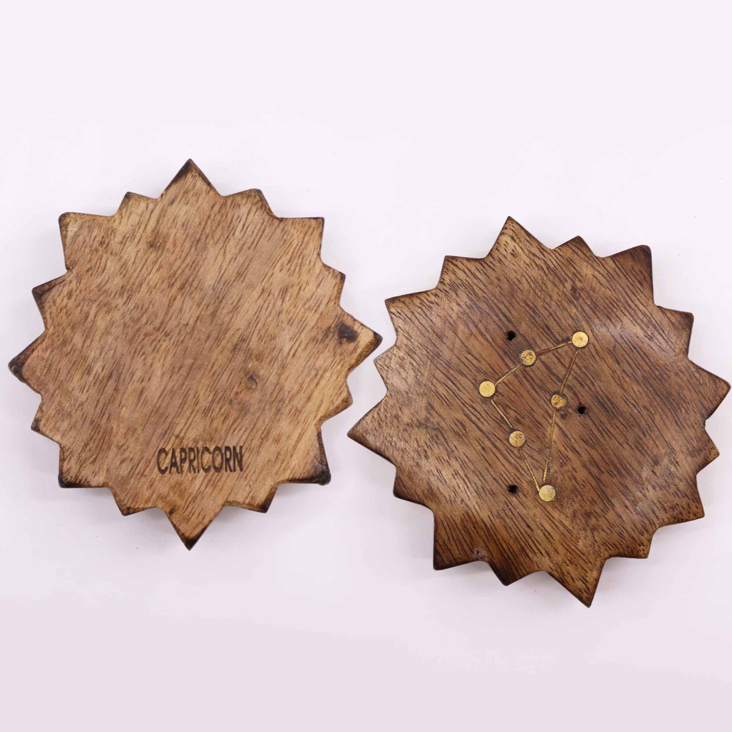 Set mit 12 Räuchersonnen - Gravur der Tierkreiszeichen in Mangoholz und Messing