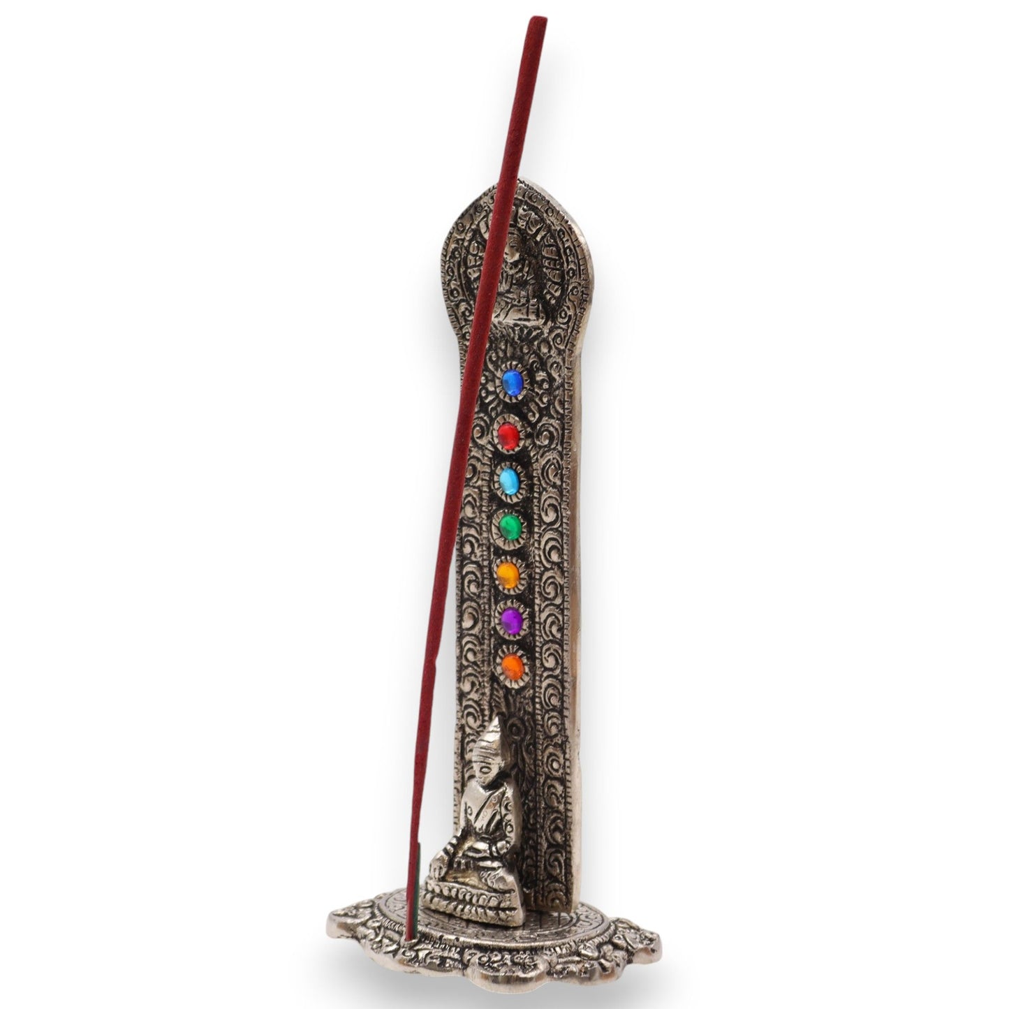 Buddha Chakra Räucherturm aus Aluminium - 16 cm spiritueller Räucherhalter